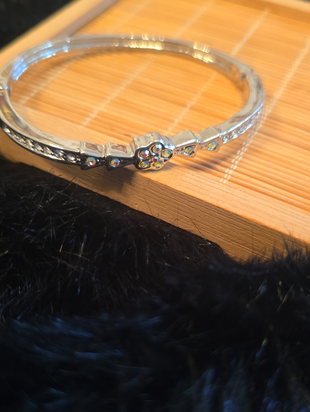Silver Flower Crystal Accent Bangle Bracelet